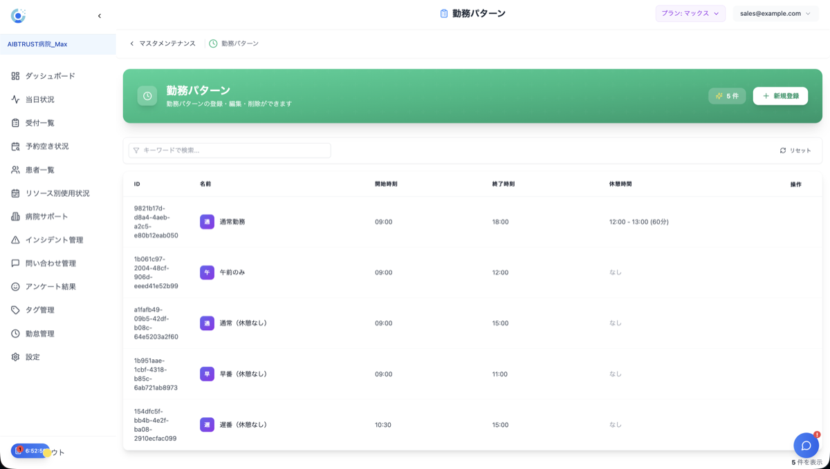 勤務パターン一覧