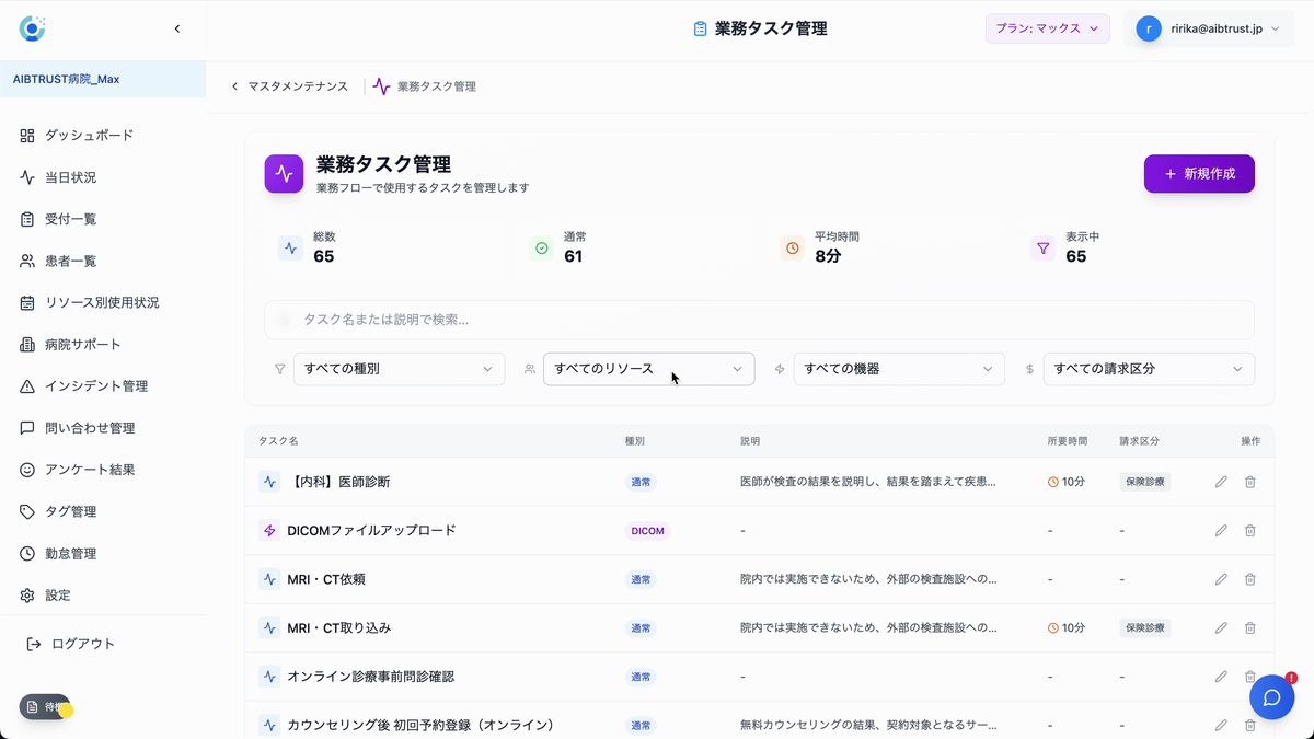 業務タスク管理画面
